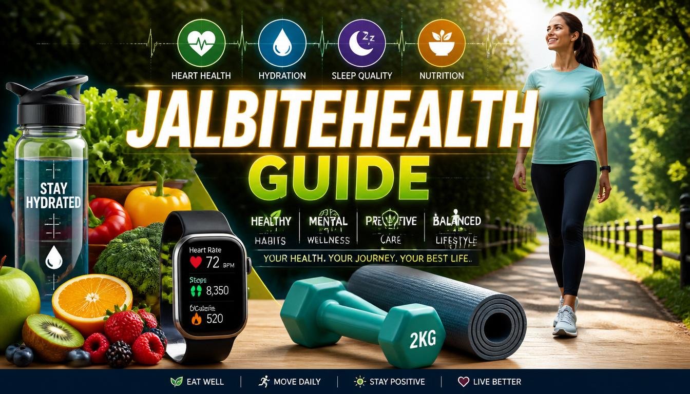 Create a modern, professional health and wellness blog featured image in 16:9 aspect ratio. Show a healthy lifestyle scene with fresh fruits, vegetables, a water bottle, fitness equipment, a smartwatch displaying health metrics, and a smiling person walking outdoors in a bright natural environment. Include subtle medical and wellness elements such as a heart rate icon, hydration symbol, sleep icon, and nutrition graphics. Use clean composition, high detail, vibrant colors, realistic lighting, and premium blog-cover design. Add large bold highlighted text in the center: “JALBITEHEALTH GUIDE” with glowing effect, strong contrast, modern typography, and eye-catching emphasis. Health, fitness, nutrition, mental wellness, healthy habits, preventive care, and balanced lifestyle theme. Ultra-realistic, high-quality, SEO blog featured image, professional digital illustration, clean background, sharp focus, engaging and trustworthy appearance.