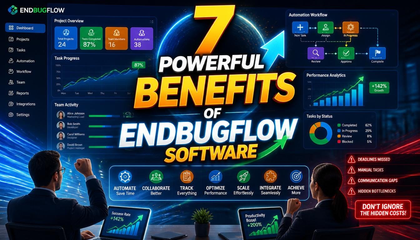 16:9 aspect ratio, ultra high-resolution featured image for a technology and business blog, modern workflow management dashboard glowing on a large screen, project tasks, automation icons, team collaboration visuals, productivity charts, and workflow connections in the background, confident business professionals looking at impressive performance growth, dynamic motion effects, vibrant blue, orange, and green color palette with strong contrast, dramatic lighting, clean professional design, curiosity-driven composition showing success and efficiency, eye-catching visual hierarchy, clear focal point in the center, bold highlighted headline text: “7 Powerful Benefits of Endbugflow Software” in large premium typography, subtle warning elements hinting at hidden challenges, modern SaaS and project management theme, Google Images optimized, high CTR clickbait style, professional yet exciting, sharp details, engaging depth, premium business technology aesthetic.
