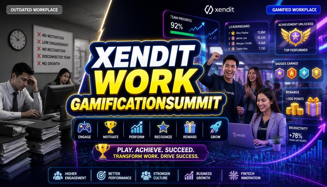 **Create a high-converting, clickbait-style blog featured image in a 16:9 aspect ratio. Design a modern corporate workplace with employees interacting with digital dashboards, glowing achievement badges, progress bars, leaderboards, reward icons, and productivity analytics. Show a futuristic office environment with blue and purple neon lighting, holographic business charts, AI-powered workplace interfaces, and a confident team celebrating success. Add subtle fintech and technology elements to represent innovation and business growth. Include a strong visual contrast between an outdated, dull workplace on one side and a vibrant, gamified workplace on the other to create curiosity. Use vibrant colors, dramatic lighting, bold typography, and a clear focal point for maximum CTR and Google Images optimization. Add excitement with upward-trending graphs, trophy icons, and achievement medals. Place large, bold, highlighted text in the center that reads exactly: "XENDIT WORK GAMIFICATIONSUMMIT" using bright yellow or white text on a dark glowing background with a thick outline and shadow effect for maximum visibility. Overall style should be professional, modern, eye-catching, high-energy, and curiosity-driven, optimized for high click-through rate and blog engagement.