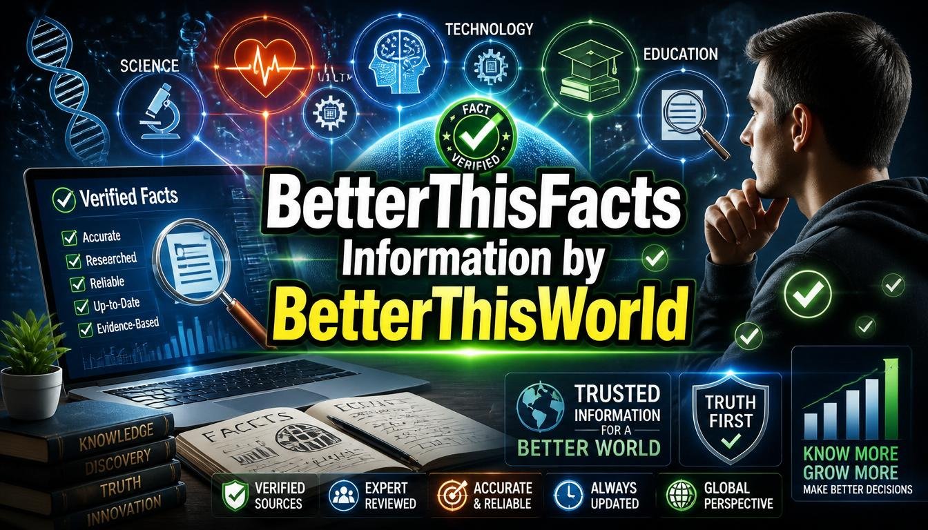 Design a 16:9 eye-catching featured image with a modern digital knowledge theme, featuring an open laptop displaying verified facts, glowing data icons, books, science, health, technology, education, and research symbols connected with futuristic blue and green light effects. Add a large, bold, high-contrast headline in the center that reads "BetterThisFacts Information by BetterThisWorld" using bright white and yellow text with a subtle glow and dark outline for maximum readability. Include a curious person looking at the screen, floating checkmarks, magnifying glass, fact verification badges, and dynamic infographic elements to create curiosity and trust. Use vibrant blue, green, orange, and white colors with strong contrast against a dark background, dramatic lighting, sharp focus, depth, and a clean composition optimized for high CTR, Google Images visibility, and instant attention.